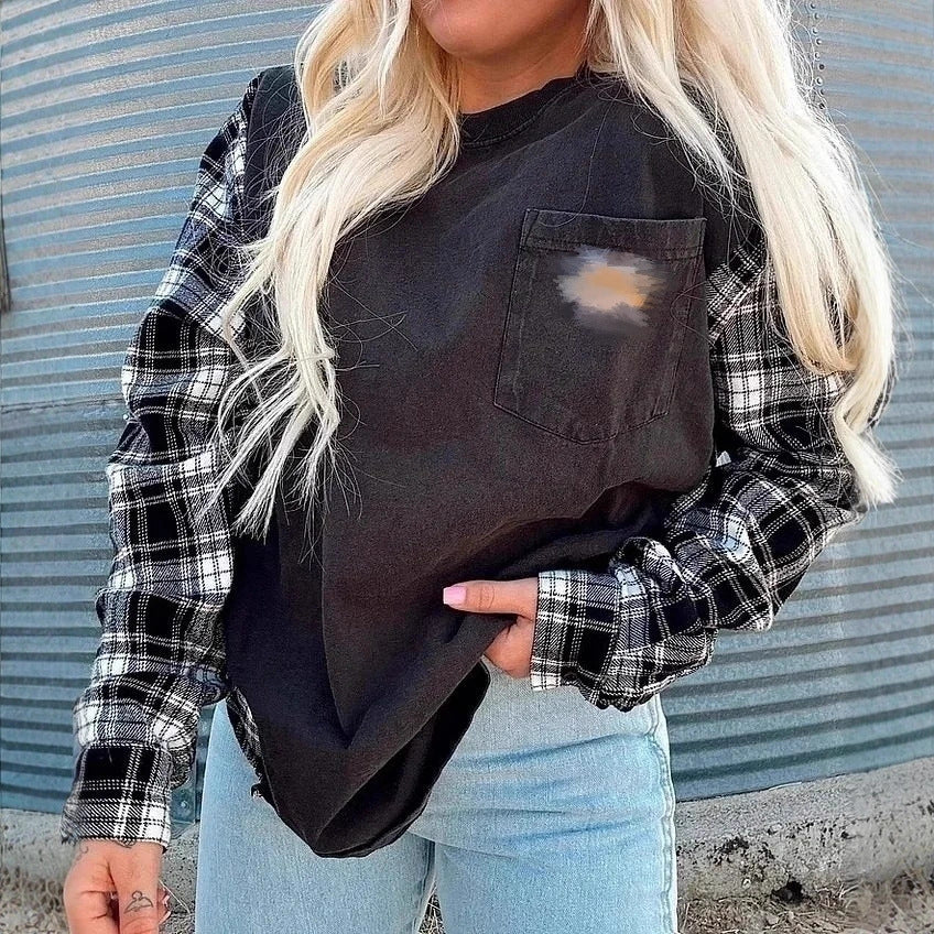 Women's oversized sweatshirt in mixed materials with checkered sleeves and applied chest pocket StylebySassy
