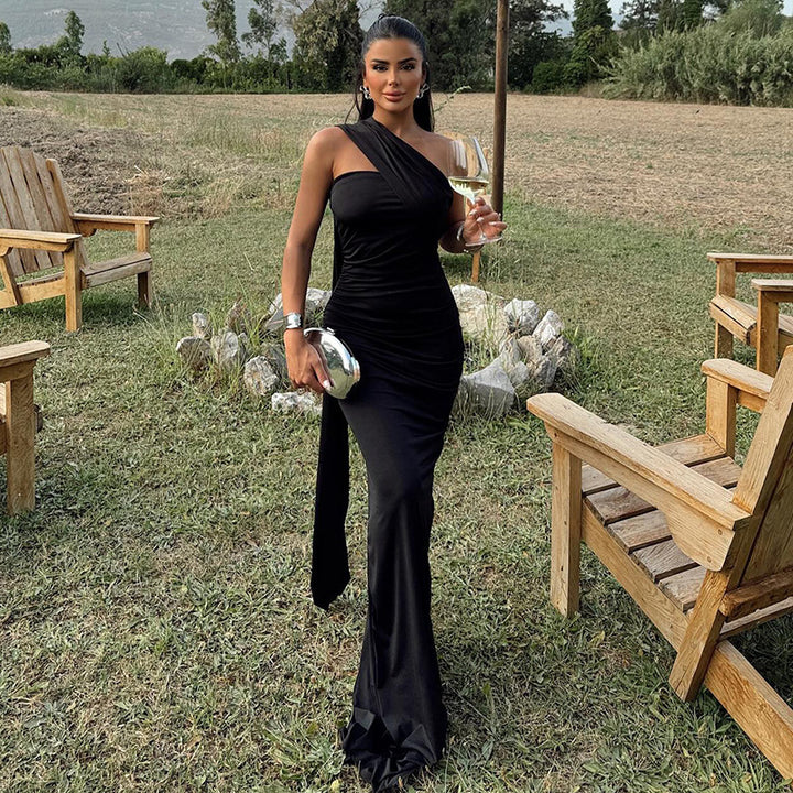 Ladies Elegant Evening Dress with Asymmetrical Cut and Shimmering Fabric StylebySassy