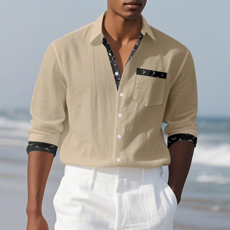 Men's casual linen blend shirt with contrasting trim on collar and cuffs as well as breast pocket StylebySassy