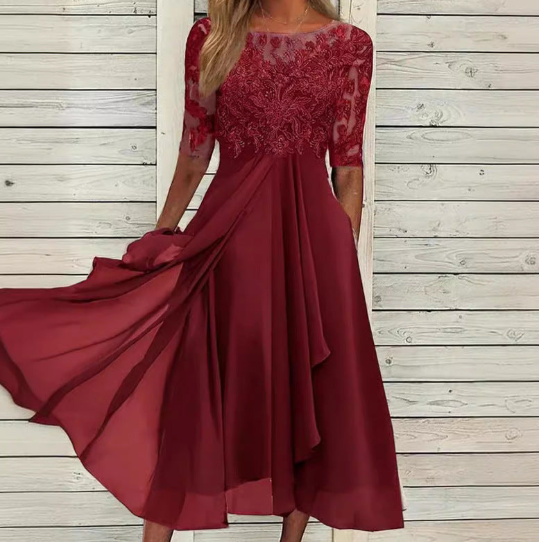 Women's elegant chiffon midi dress with embroidered lace top and three-quarter sleeves StylebySassy