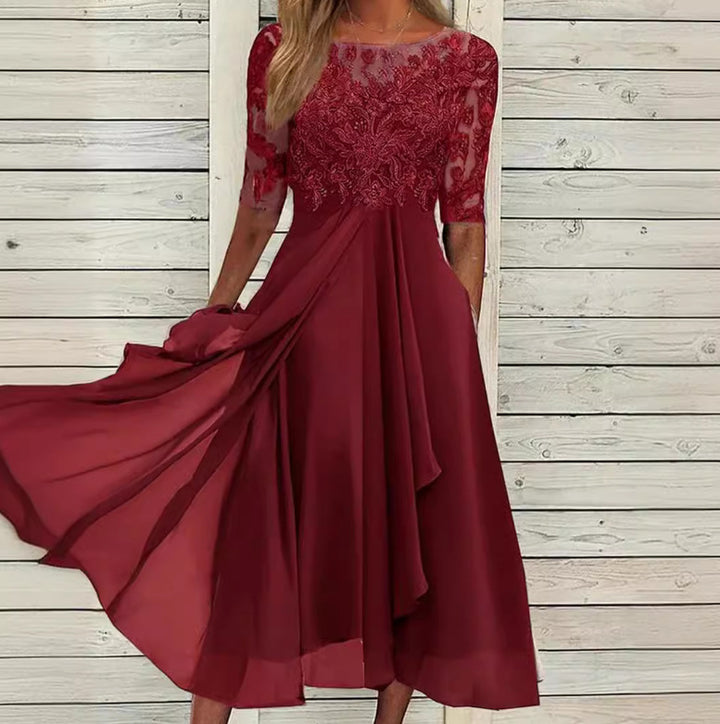 Women's elegant chiffon midi dress with embroidered lace top and three-quarter sleeves StylebySassy
