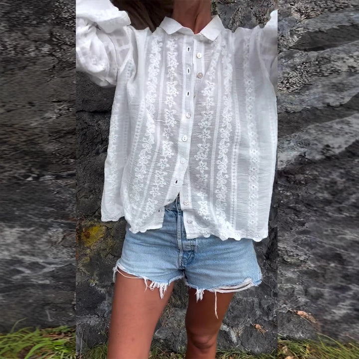 Women nan embroidered blouse with floral openwork embroidery, pearl button placket and casual oversized fit StylebySassy
