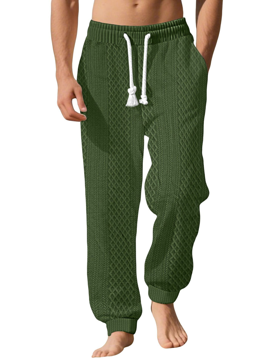 Men's knitted comfort pants with cable structure, elastic waistband, drawstring, and side pockets StylebySassy