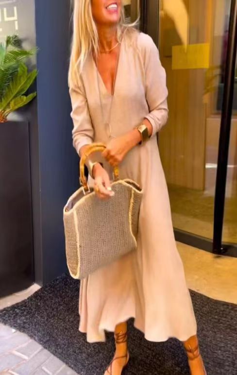 Ladies flowing ankle-length summer dress with deep V-neck, stand-up collar and casual A-line StylebySassy