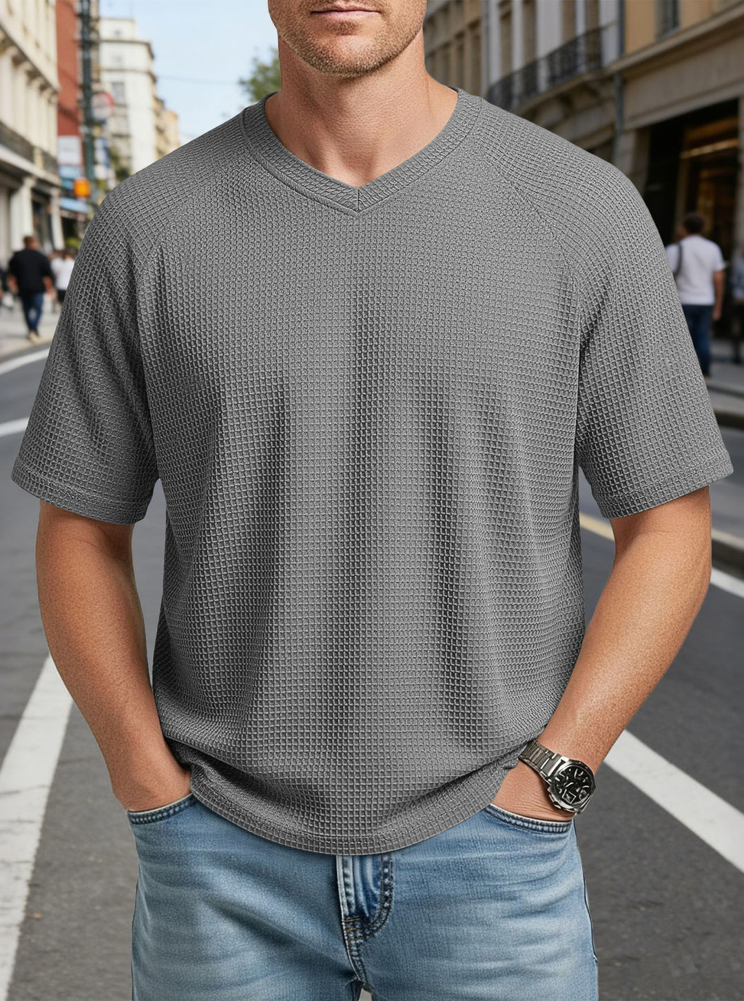 Men's casual V-neck waffle knit T-shirt made of breathable cotton blend StylebySassy