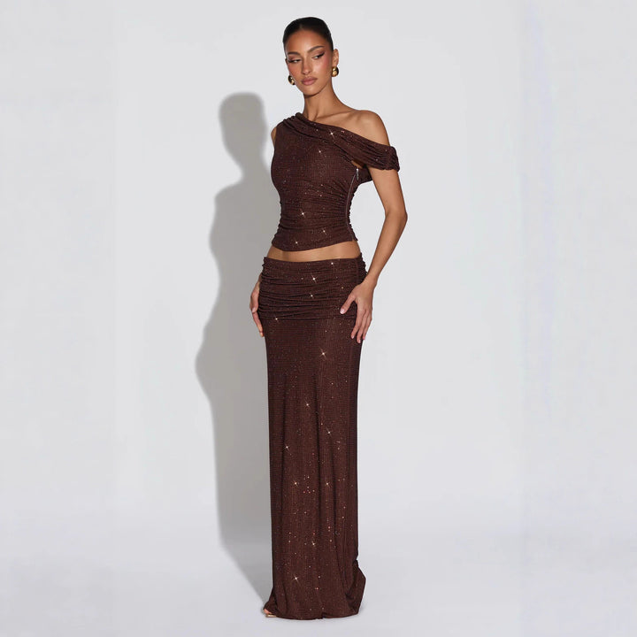 Women Shiny Top with Asymmetrical Cut and Glamorous Rhinestone Details StylebySassy