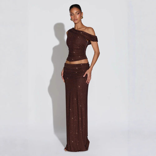 Women Shiny Top with Asymmetrical Cut and Glamorous Rhinestone Details StylebySassy