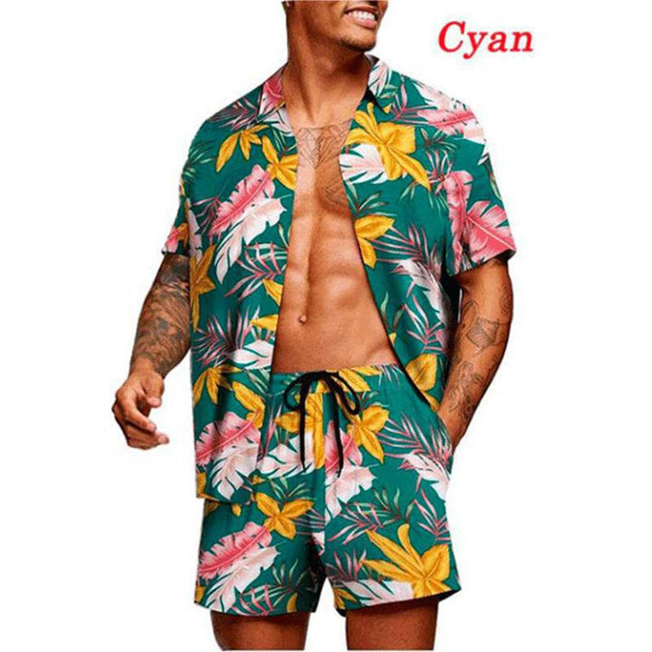 Men's tropical short sleeve shirt and swim shorts set with lapel collar, drawstring, and practical side pockets StylebySassy