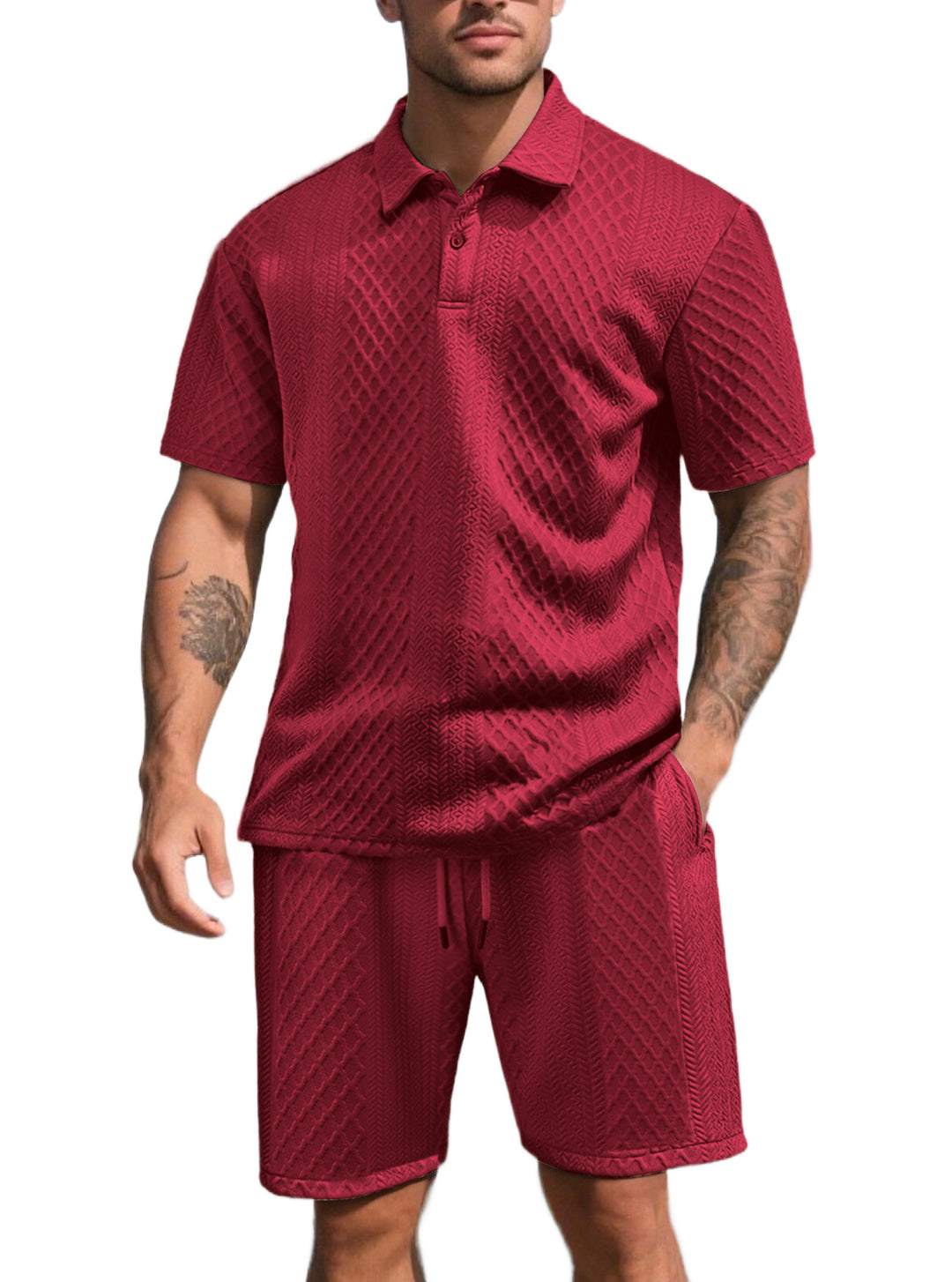Men's three-dimensional relief leisure set with polo collar, concealed button placket and elastic drawstring shorts StylebySassy