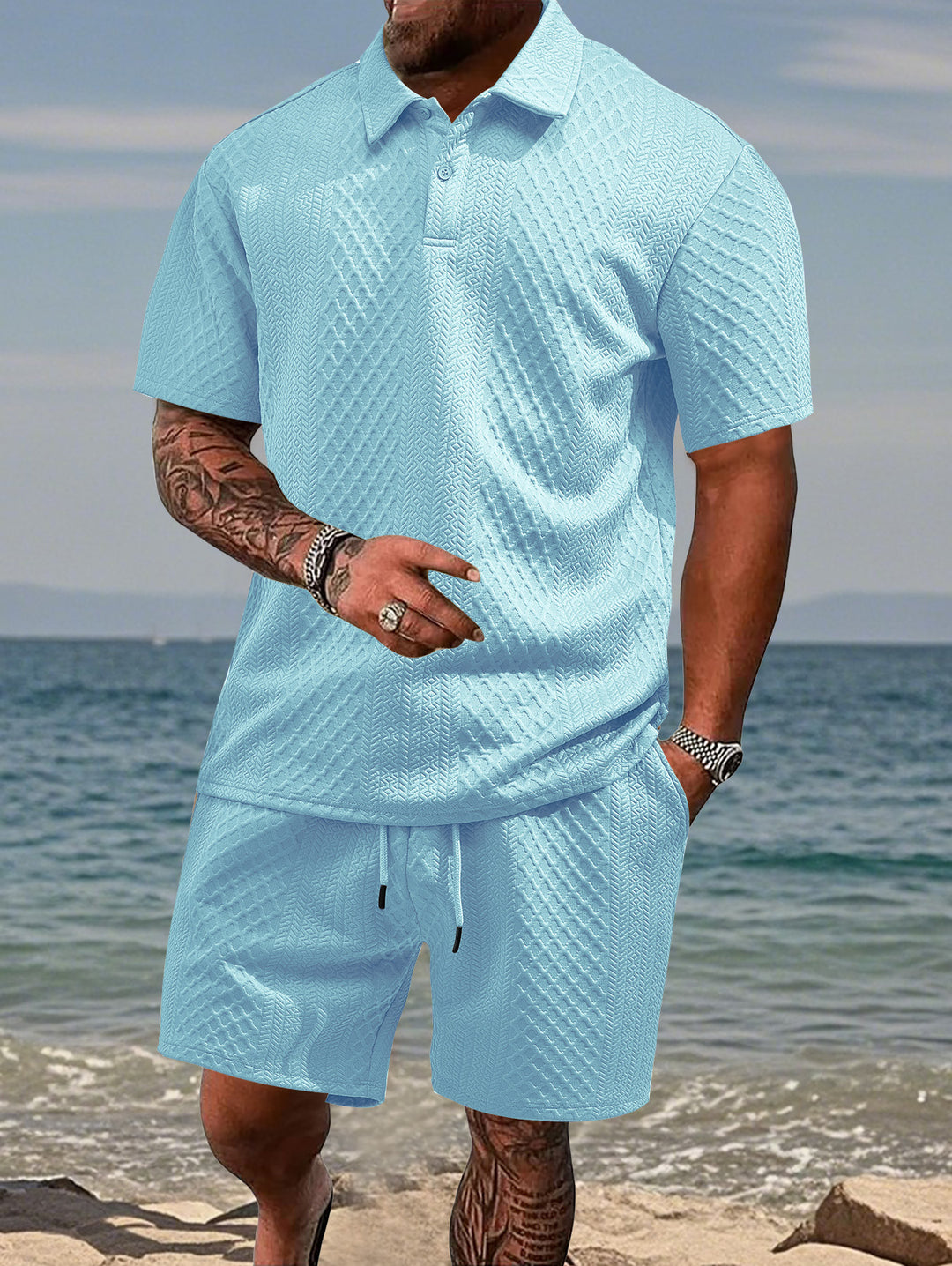 Men's embossed beach ensemble with open short sleeve shirt and cord Bermuda StylebySassy