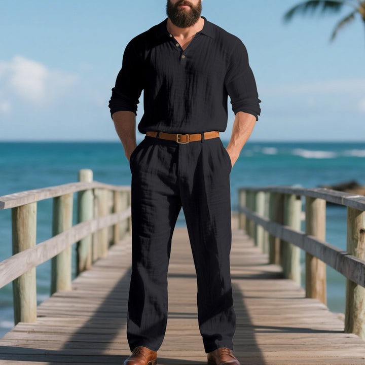 Men's airy linen two-piece set with V-neck shirt and loose pleated trousers StylebySassy