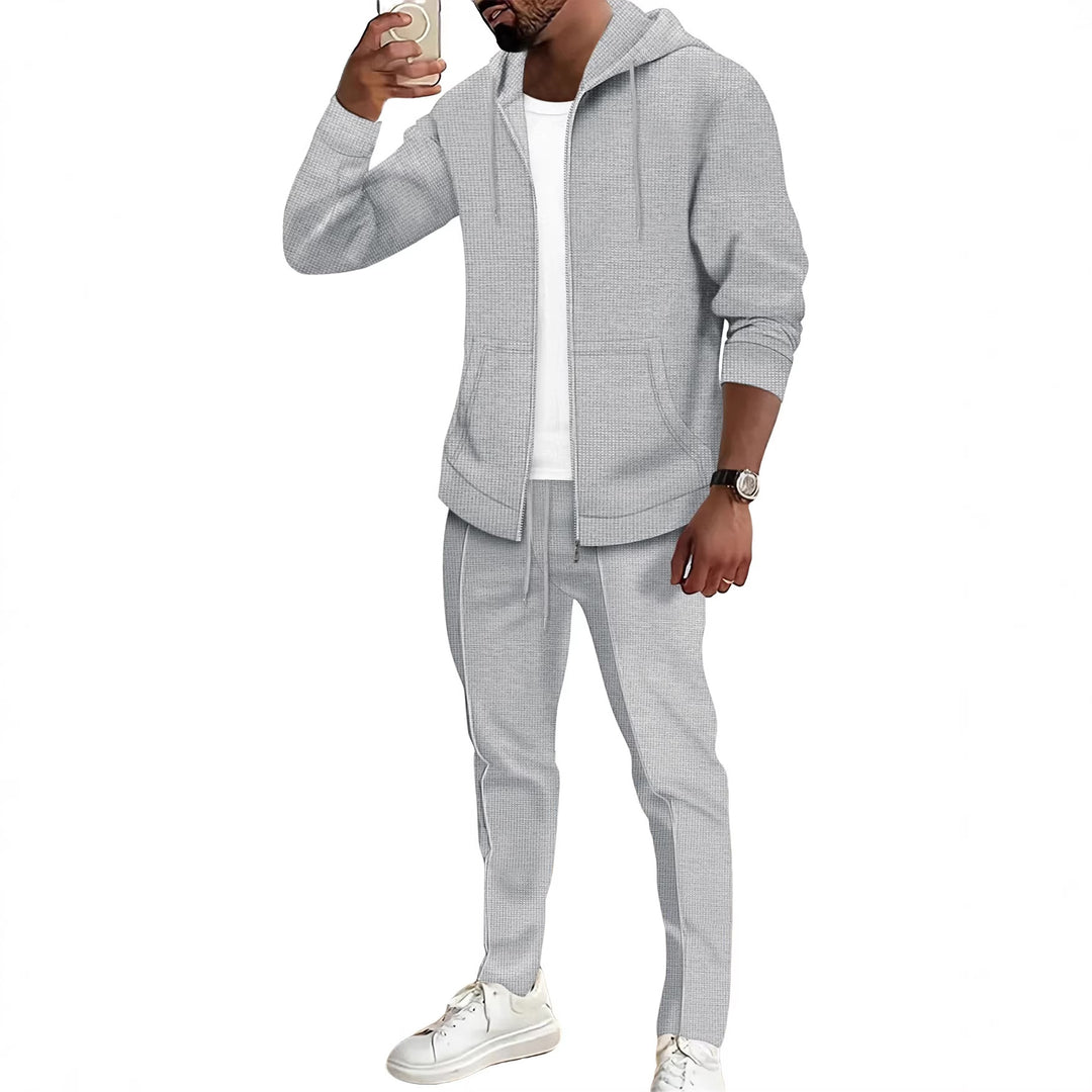 Men's waffle texture tracksuit with hooded zip jacket and tapered jogging pants StylebySassy