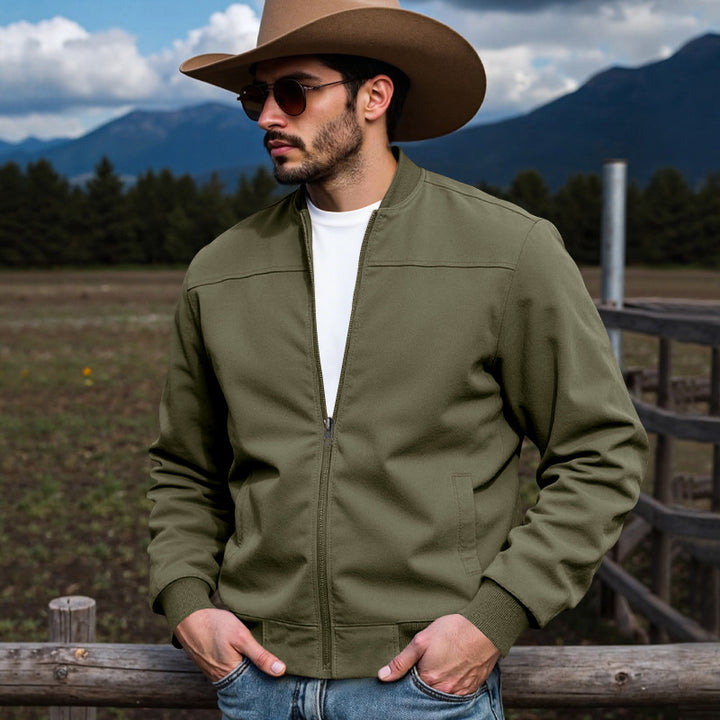 Men's faux suede bomber jacket with stand-up collar, ribbed cuffs, and side pockets StylebySassy