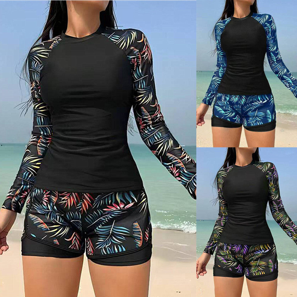 Women's Sporty Long Sleeve Rashguard with Colorful Leaf Design StylebySassy