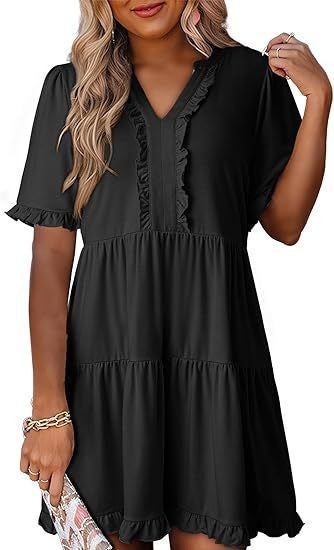 Women's lightweight swing dress with V-neck, tiered skirt and delicate ruffles StylebySassy