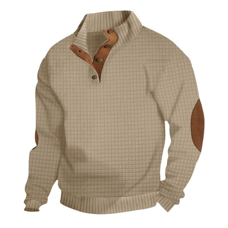 Men's waffle structure troyer with stand-up collar, button placket and nappa leather elbow patches StylebySassy