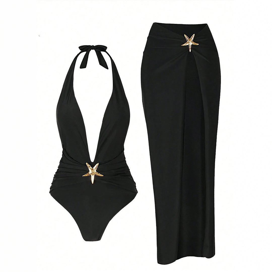 Women's Elegant Maxi Beach Dress with Deep V-Neck and Decorative Star Appliqués StylebySassy