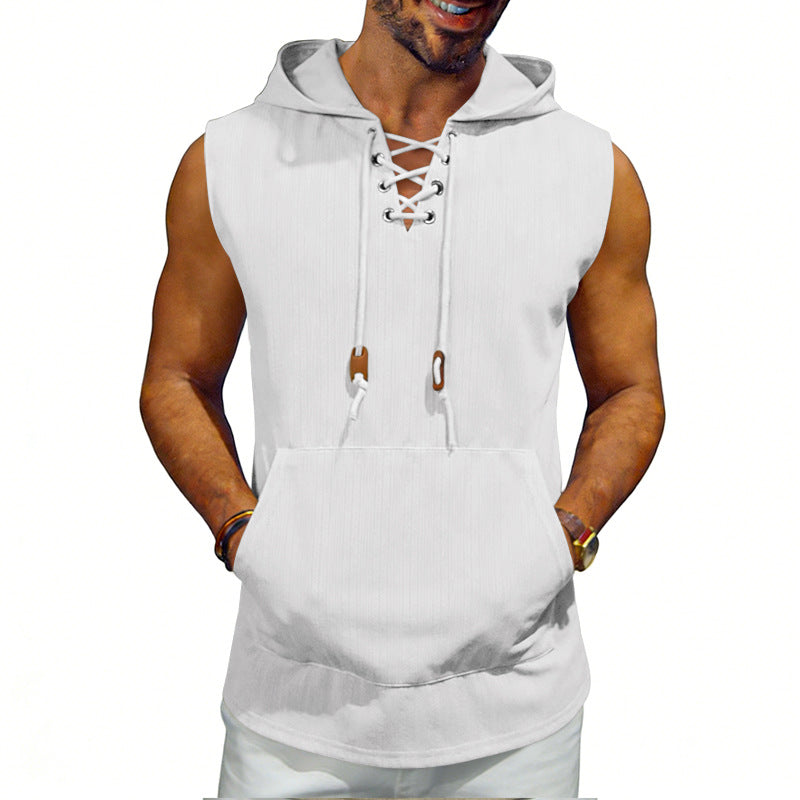 Men's sleeveless hooded vest with lace-up V-neck, kangaroo pocket, and casual fit StylebySassy