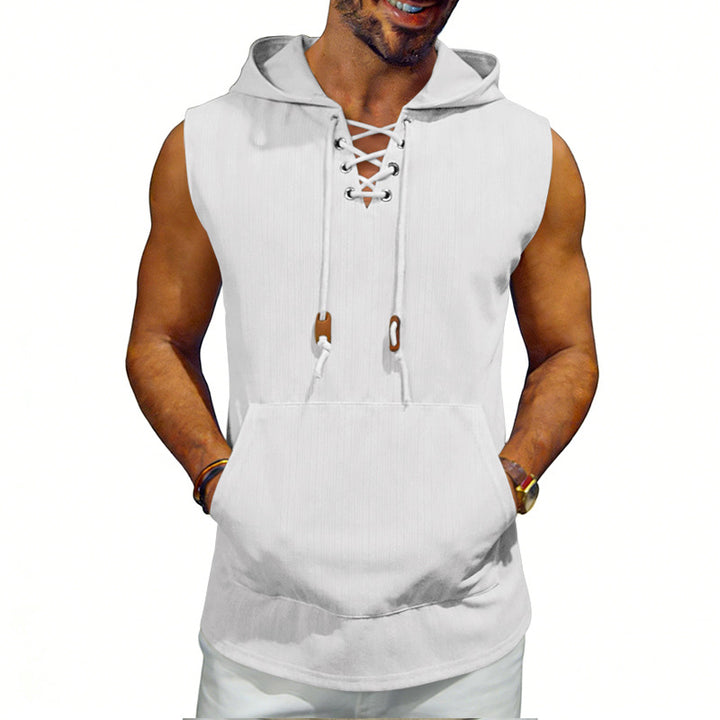 Men's sleeveless hooded vest with lace-up V-neck, kangaroo pocket, and casual fit StylebySassy