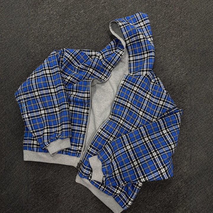 Unisex non-padded hooded jacket with checked flannel lining and zipper StylebySassy