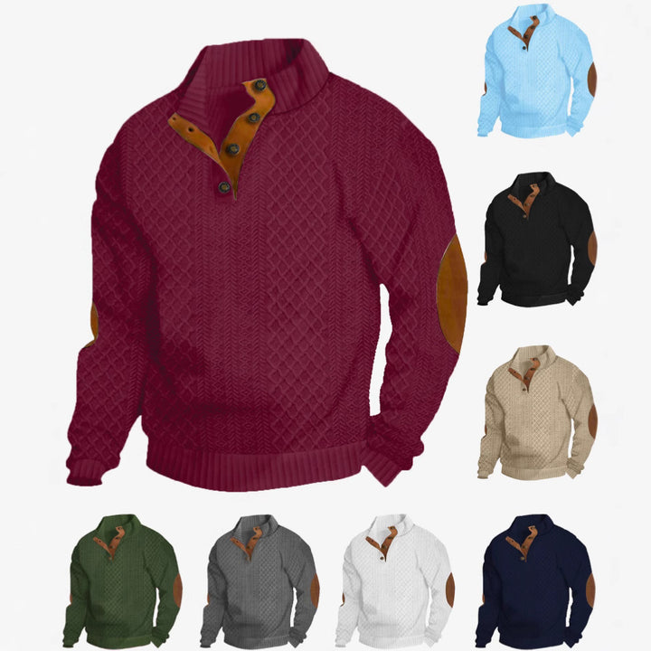 Men's coarse knitted sweater with stand-up collar, leather trim, and elbow patches StylebySassy