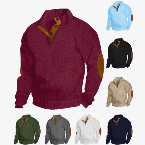 Men's coarse knitted sweater with stand-up collar, leather trim, and elbow patches StylebySassy