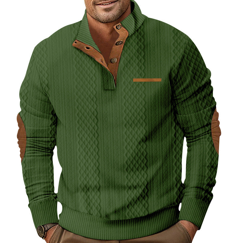 Men's knitted pullover with stand-up collar, button placket and elbow patches StylebySassy