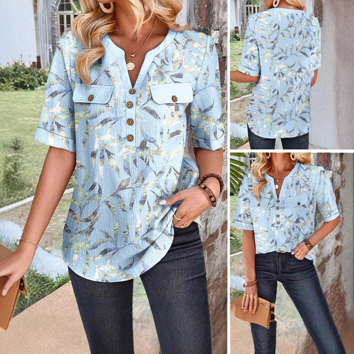 Women's lightweight structured tunic blouse with Henley neckline and patch breast pockets StylebySassy