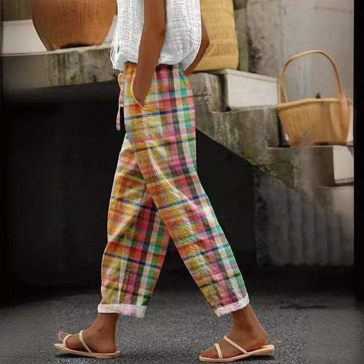 Women's checked linen trousers in palazzo cut with elastic tunnel drawstring waistband and rolled ankle hem StylebySassy