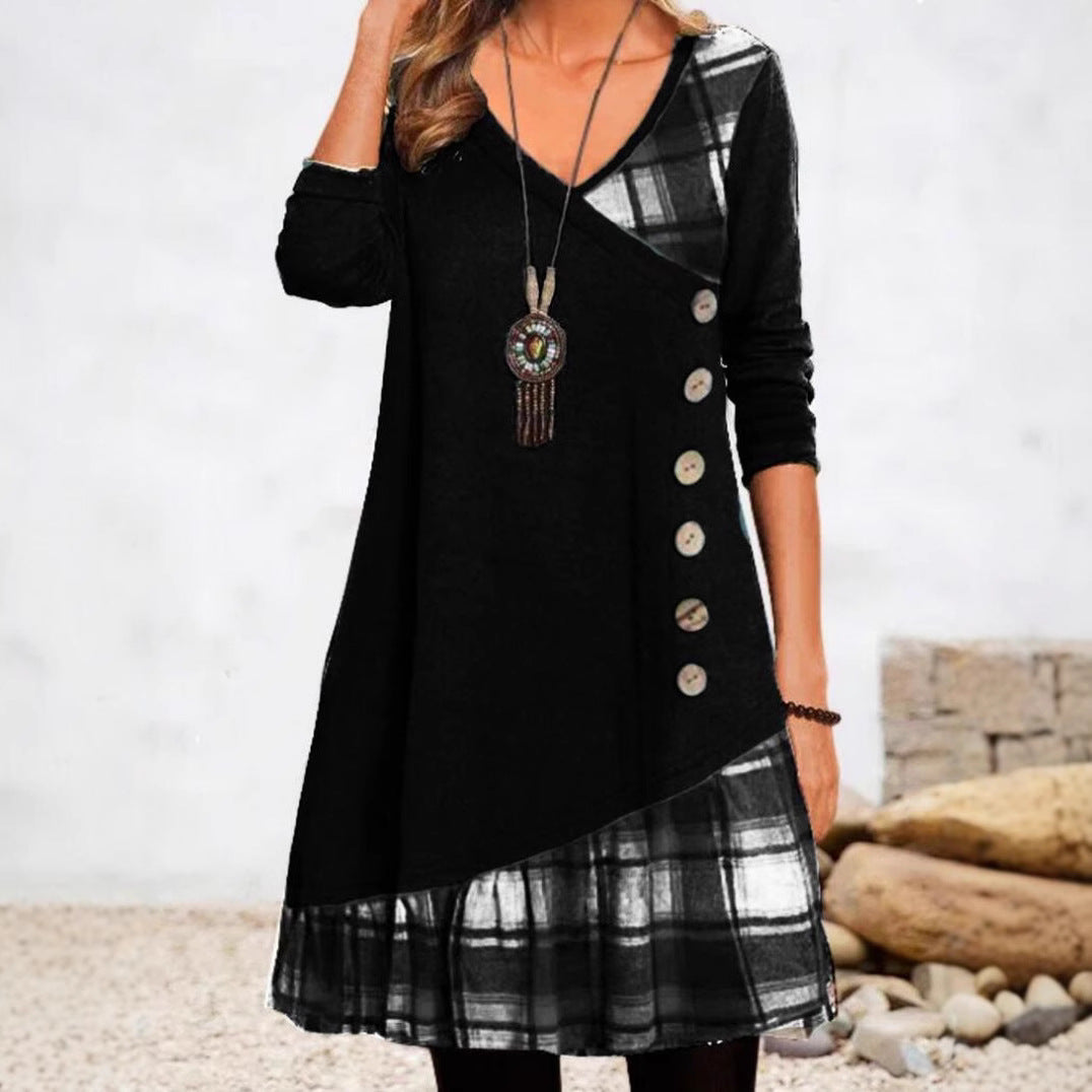 Women's asymmetrical V-neck tunic dress with decorative button placket and animal print trim StylebySassy