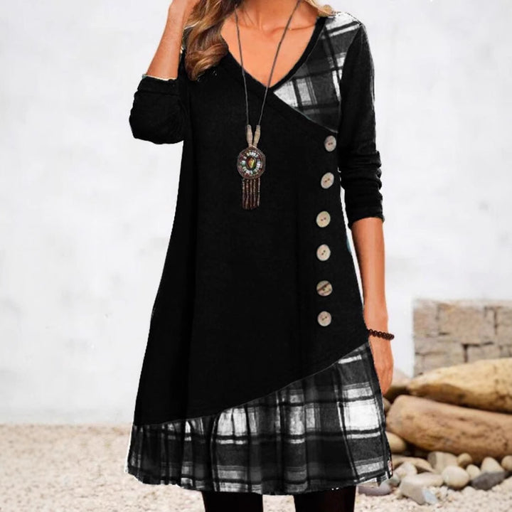 Women's asymmetrical V-neck tunic dress with decorative button placket and animal print trim StylebySassy
