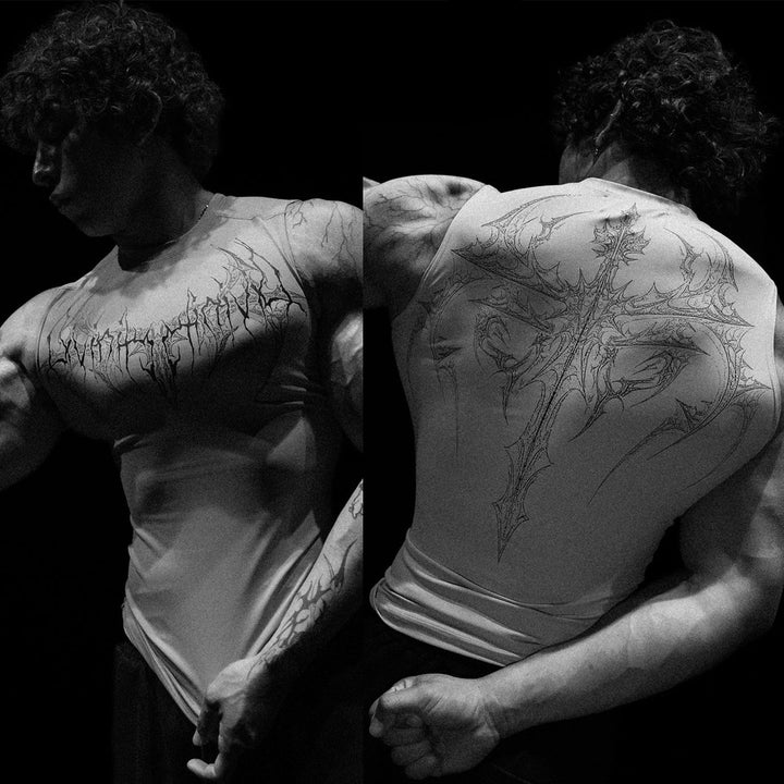 Men's form-fitting training tank top with deep armholes and intricate back print StylebySassy