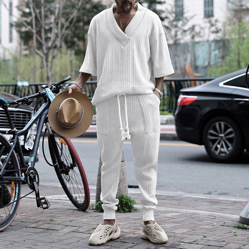 Men's casual knit set with V-neck and drawstring jogger pants StylebySassy