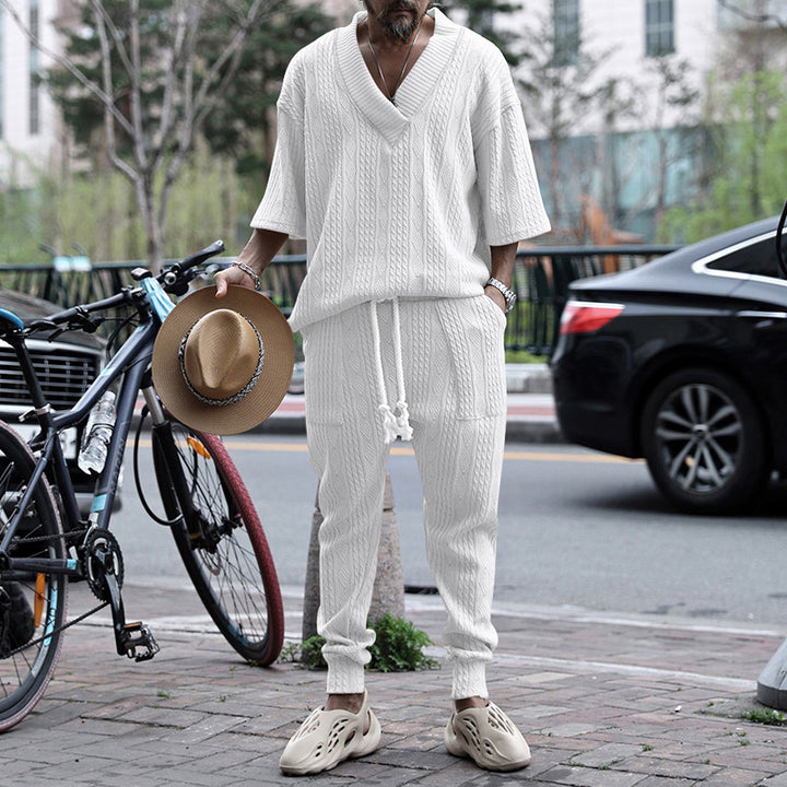 Men's casual knit set with V-neck and drawstring jogger pants StylebySassy