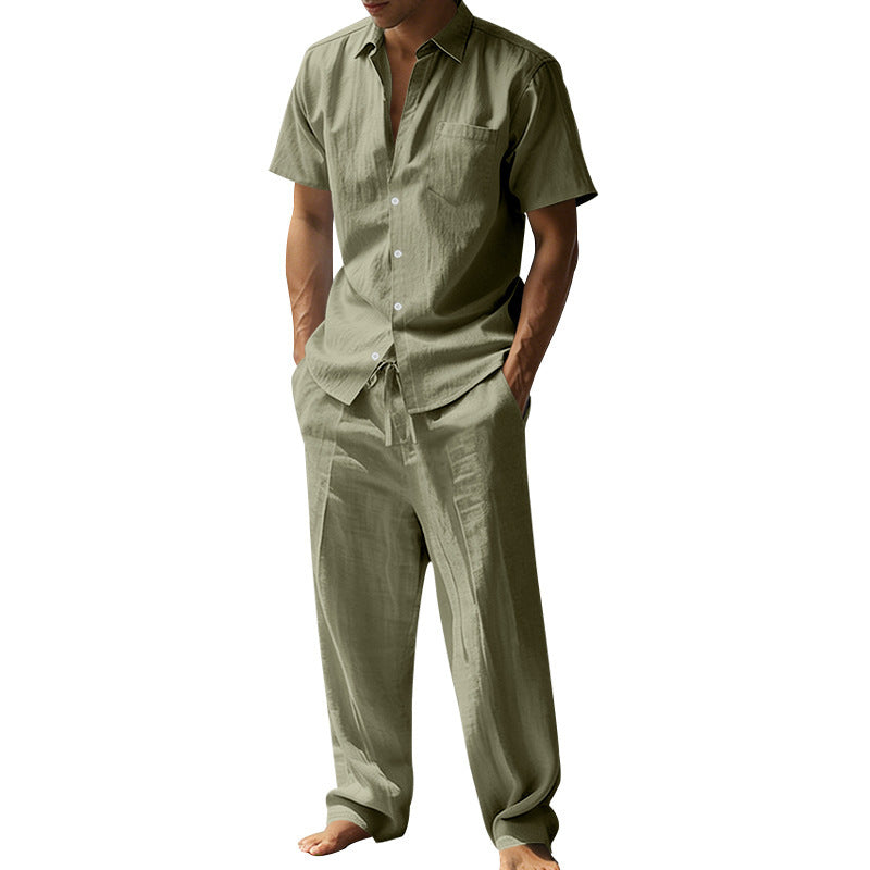 Men's resort-appropriate short-sleeve shirt with chest pocket and casual linen drawstring pants StylebySassy