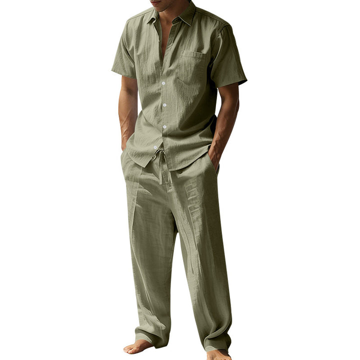 Men's resort-appropriate short-sleeve shirt with chest pocket and casual linen drawstring pants StylebySassy
