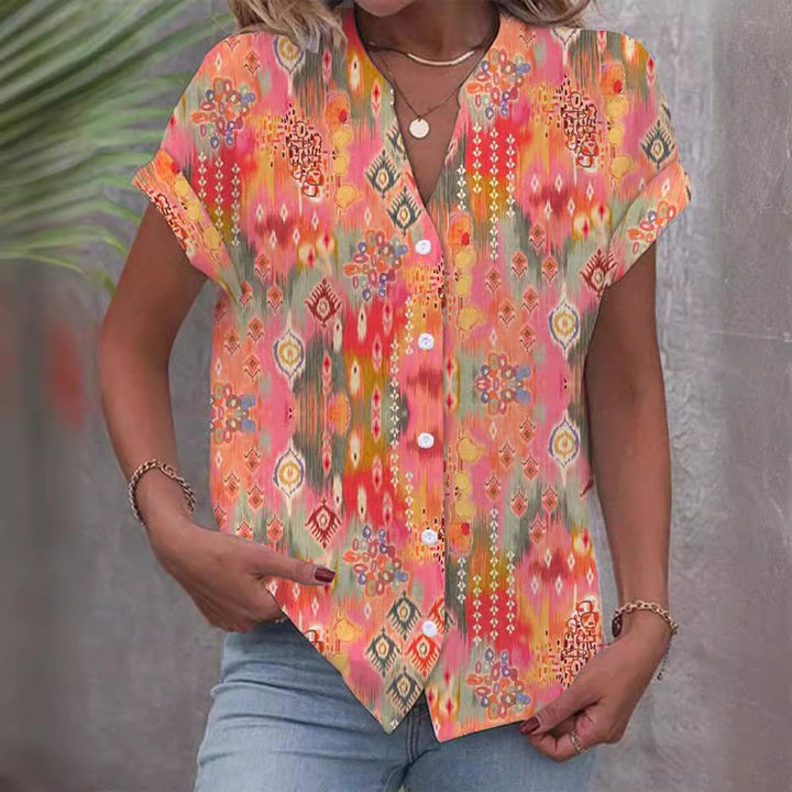 Women's casual short-sleeve blouse with V-neck, button placket and folk all-over print StylebySassy