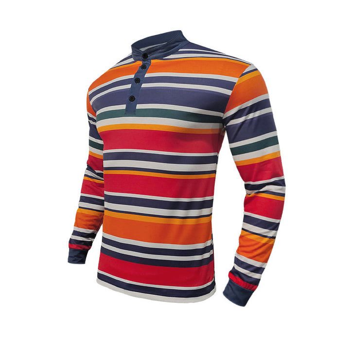 Men's striped long-sleeve Henley shirt with stand-up collar, slim fit and elastic cotton mix StylebySassy