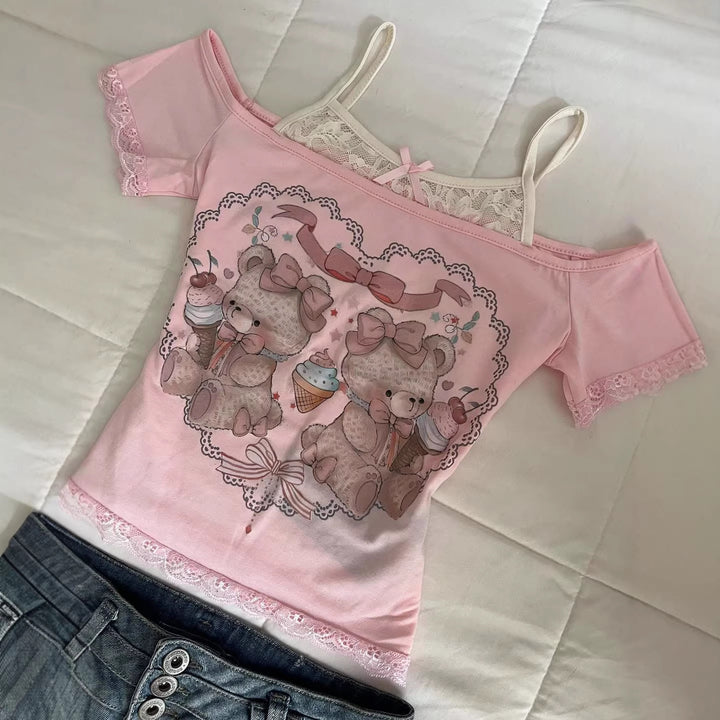 Women Playful T-Shirt with Lace Applications and Cute Bear Motif StylebySassy