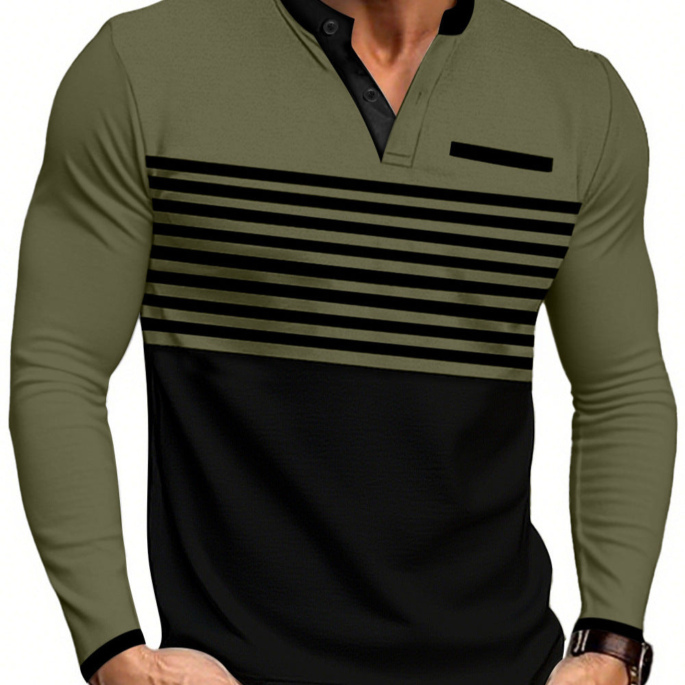 Men's modern long sleeve polo with Henley placket striped chest part and stand-up collar StylebySassy