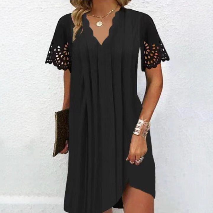 Women's Midi Dress with Curved V-Neck Edge, Eyelet Embroidery Sleeves, and Light A-Line Cut StylebySassy
