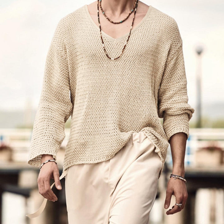 Men's structured waffle knit long sleeve shirt with V-neck and warming thermoeffect StylebySassy