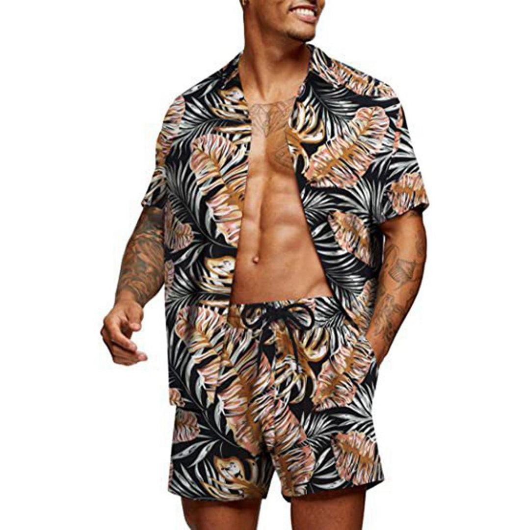 Men's tropical short sleeve shirt and swim shorts set with lapel collar, drawstring, and practical side pockets StylebySassy
