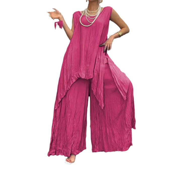 Women two-piece set in airy crinkle look with sleeveless tunic and wide palazzo pants StylebySassy