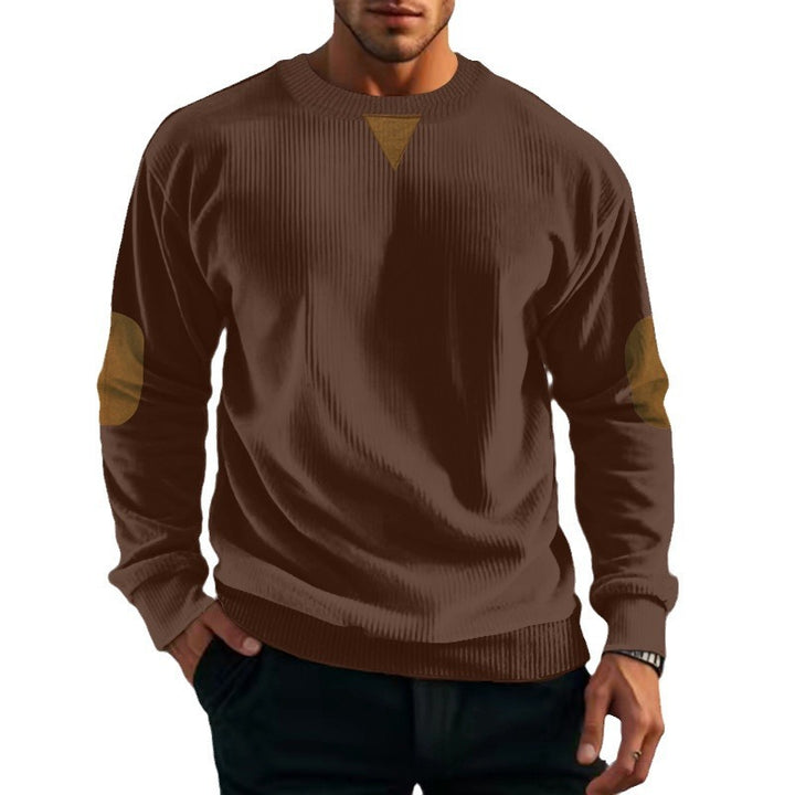 Men's ribbed knit sweater with round neckline elbow patches and decorative triangle StylebySassy