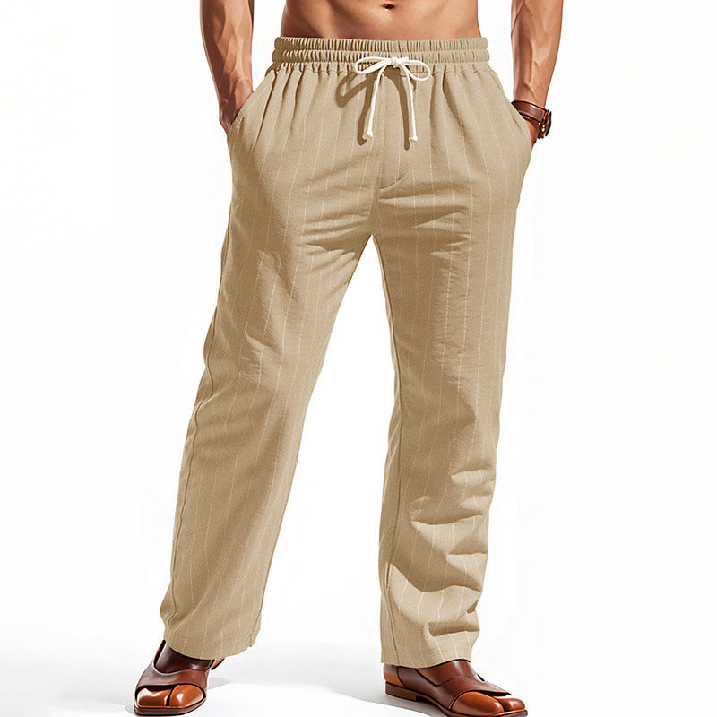 Men's Casual Pinstripe Leisure Pants with Elastic Drawstring Waist, Side Pockets, and Straight Leg StylebySassy