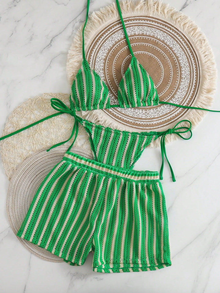 Women's bikini set with striped design and casual shorts StylebySassy