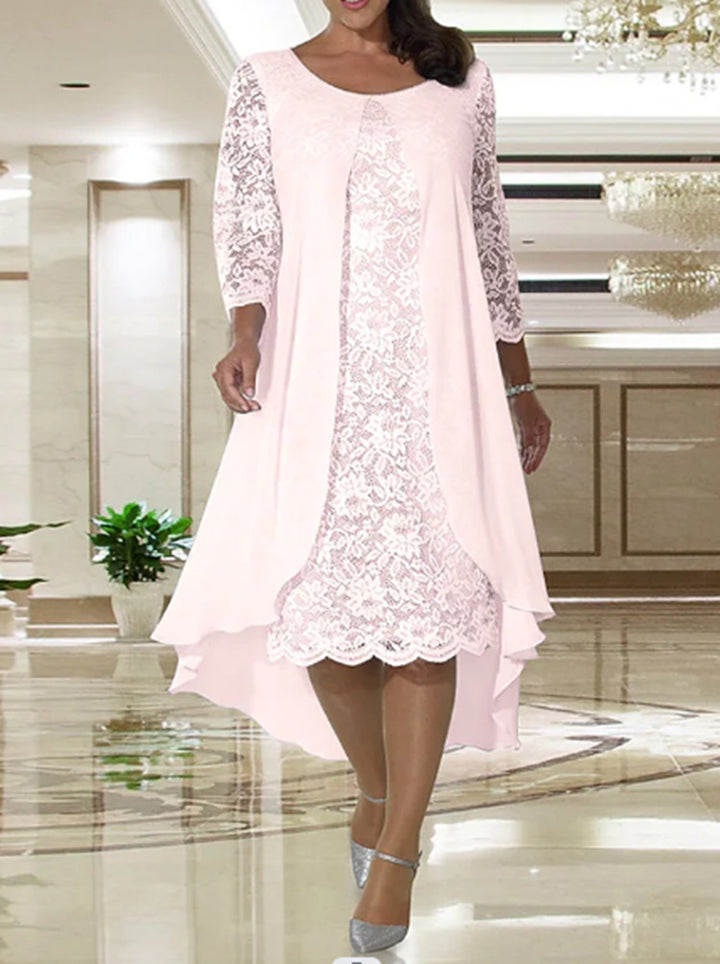 Ladies' elegant chiffon lace dress with high-low overlay and three-quarter sleeves StylebySassy