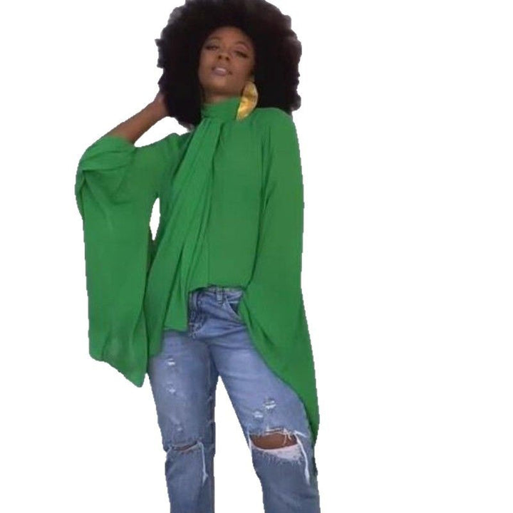 Women’s flowing pull-on blouse with wide batwing sleeves and tie at the neck StylebySassy