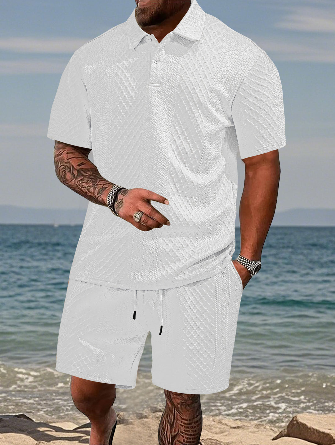 Men's embossed beach ensemble with open short sleeve shirt and cord Bermuda StylebySassy